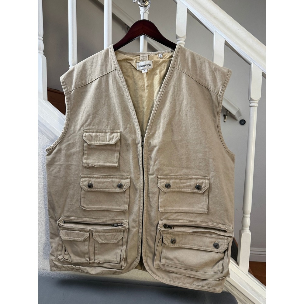 London Fog Mens Khaki Utility Fishing Vest Tan Cotton Multi-Pocket Large